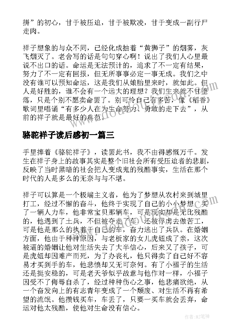 骆驼祥子读后感初一 骆驼祥子读后感(优秀6篇)