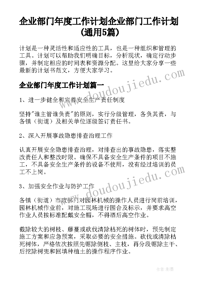 企业部门年度工作计划 企业部门工作计划(通用5篇)