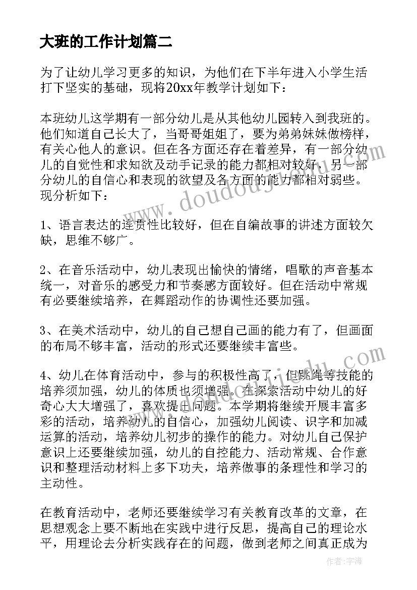 大班的工作计划 大班工作计划(模板5篇)