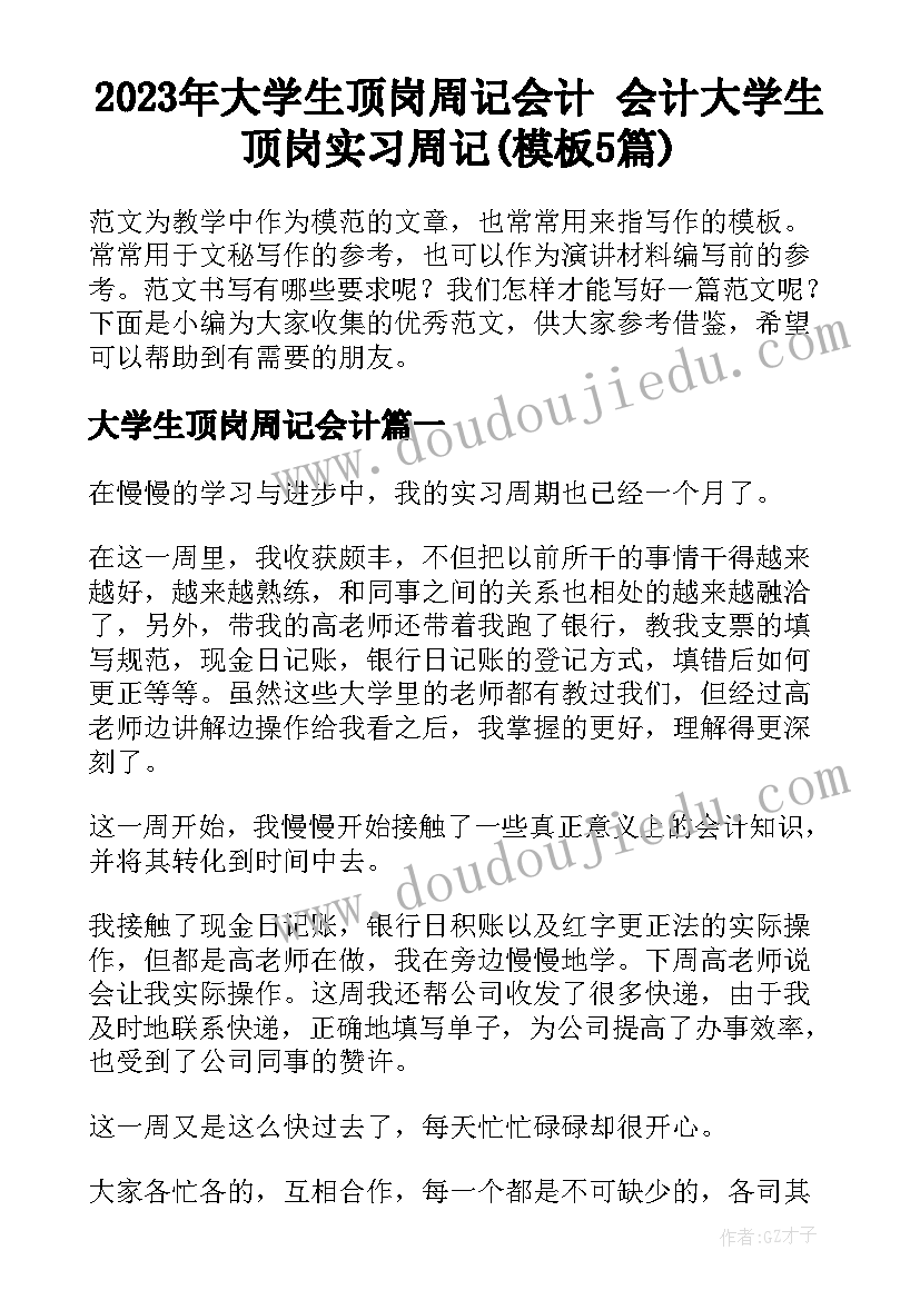 2023年大学生顶岗周记会计 会计大学生顶岗实习周记(模板5篇)