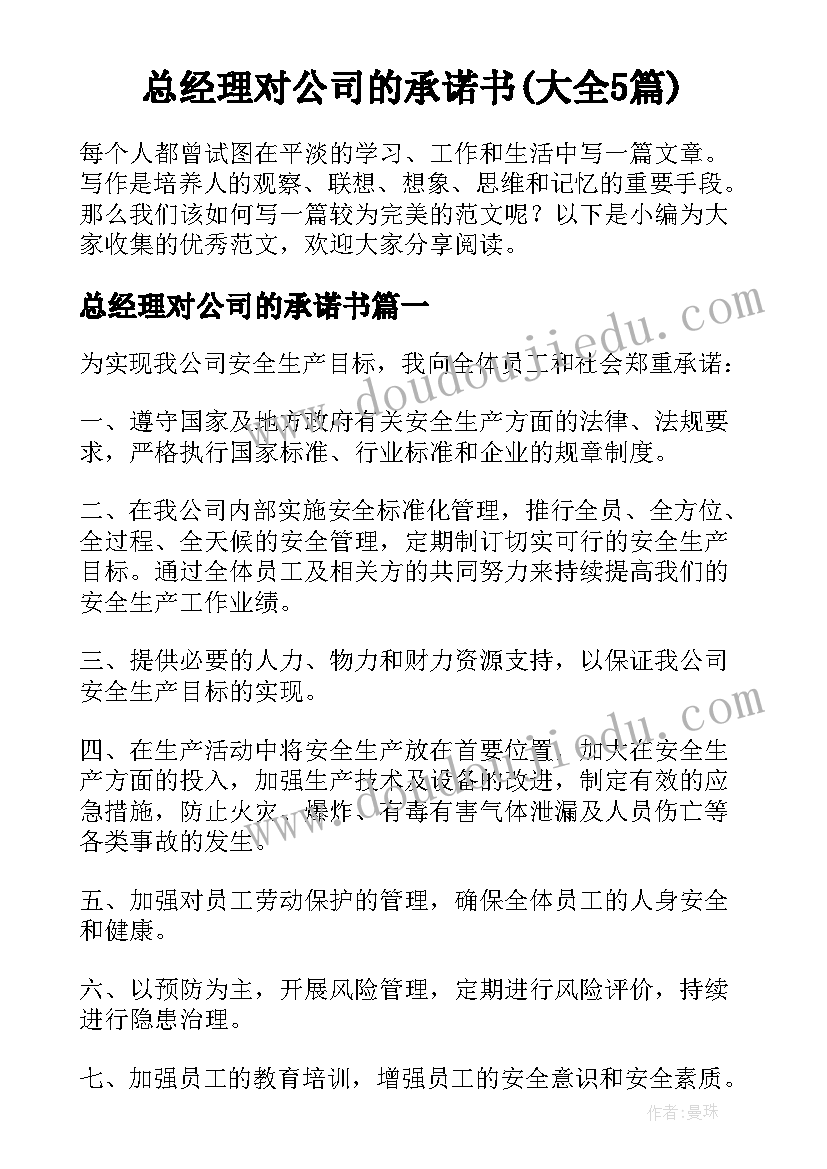 总经理对公司的承诺书(大全5篇)