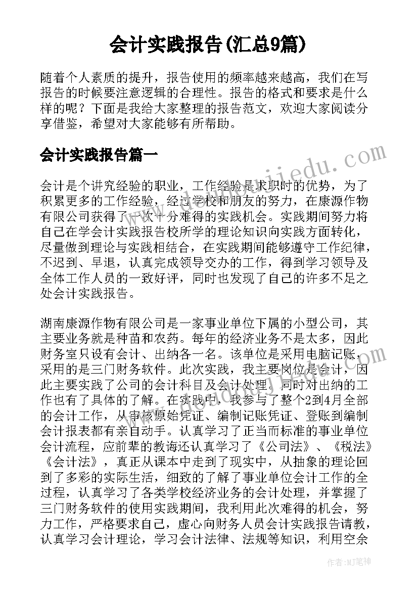 会计实践报告(汇总9篇)