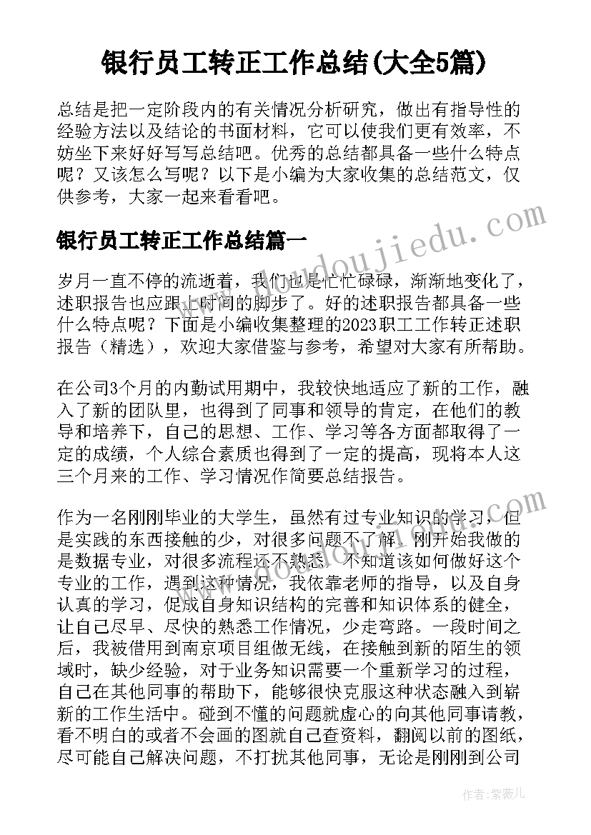 银行员工转正工作总结(大全5篇)