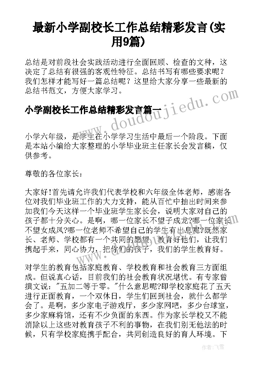 最新小学副校长工作总结精彩发言(实用9篇)