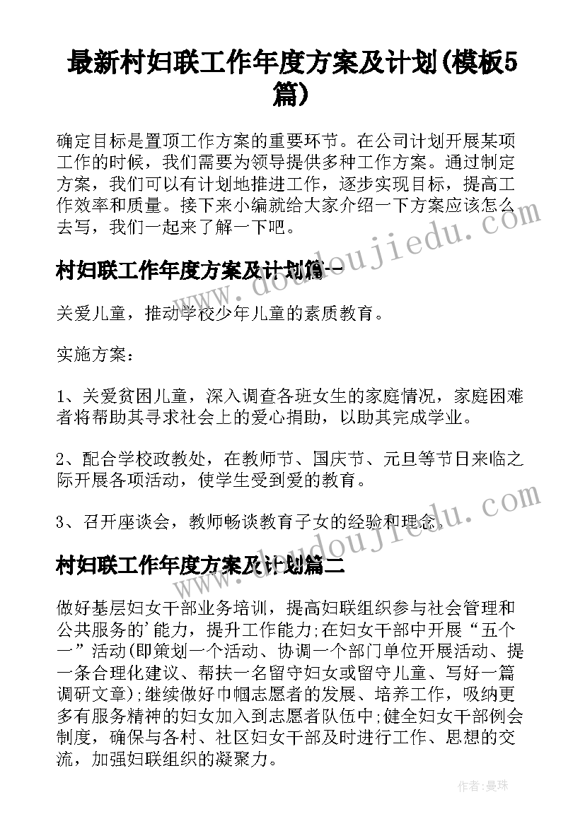 最新村妇联工作年度方案及计划(模板5篇)