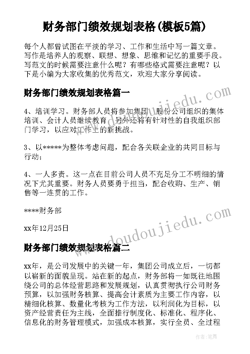 财务部门绩效规划表格(模板5篇)