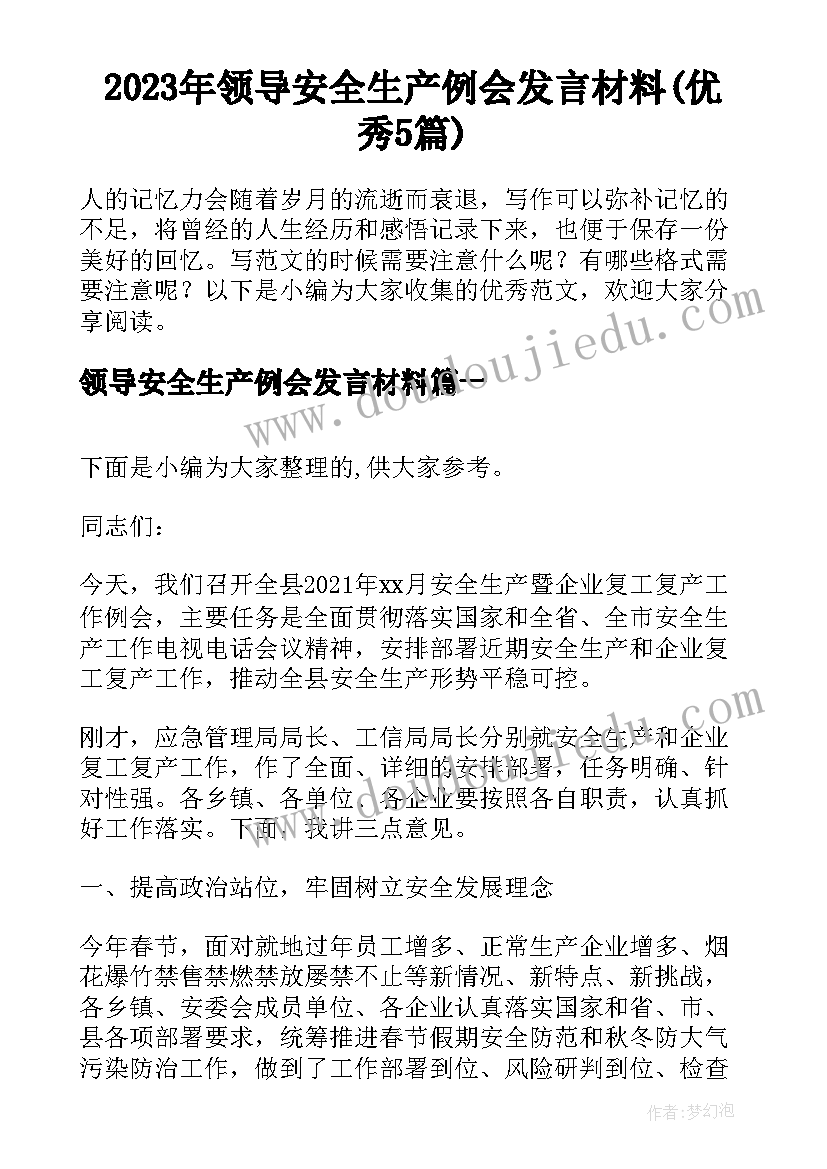 2023年领导安全生产例会发言材料(优秀5篇)