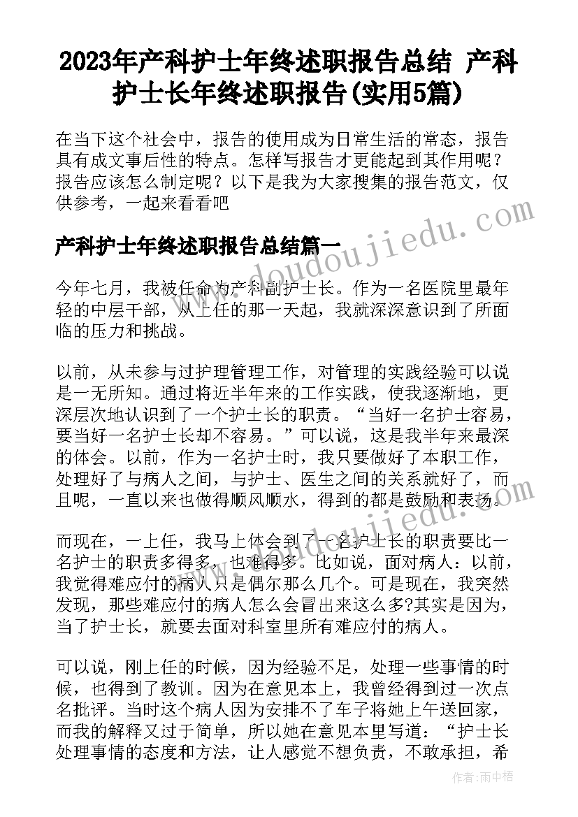 2023年产科护士年终述职报告总结 产科护士长年终述职报告(实用5篇)