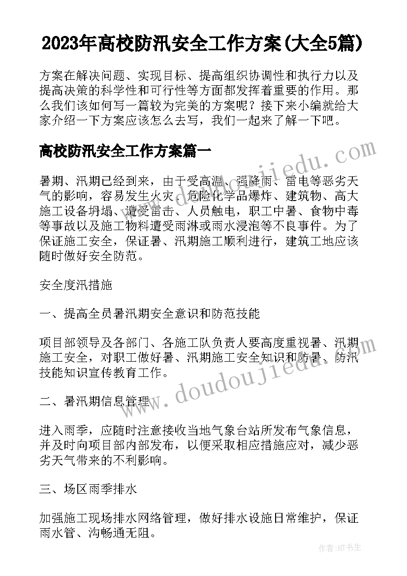 2023年高校防汛安全工作方案(大全5篇)