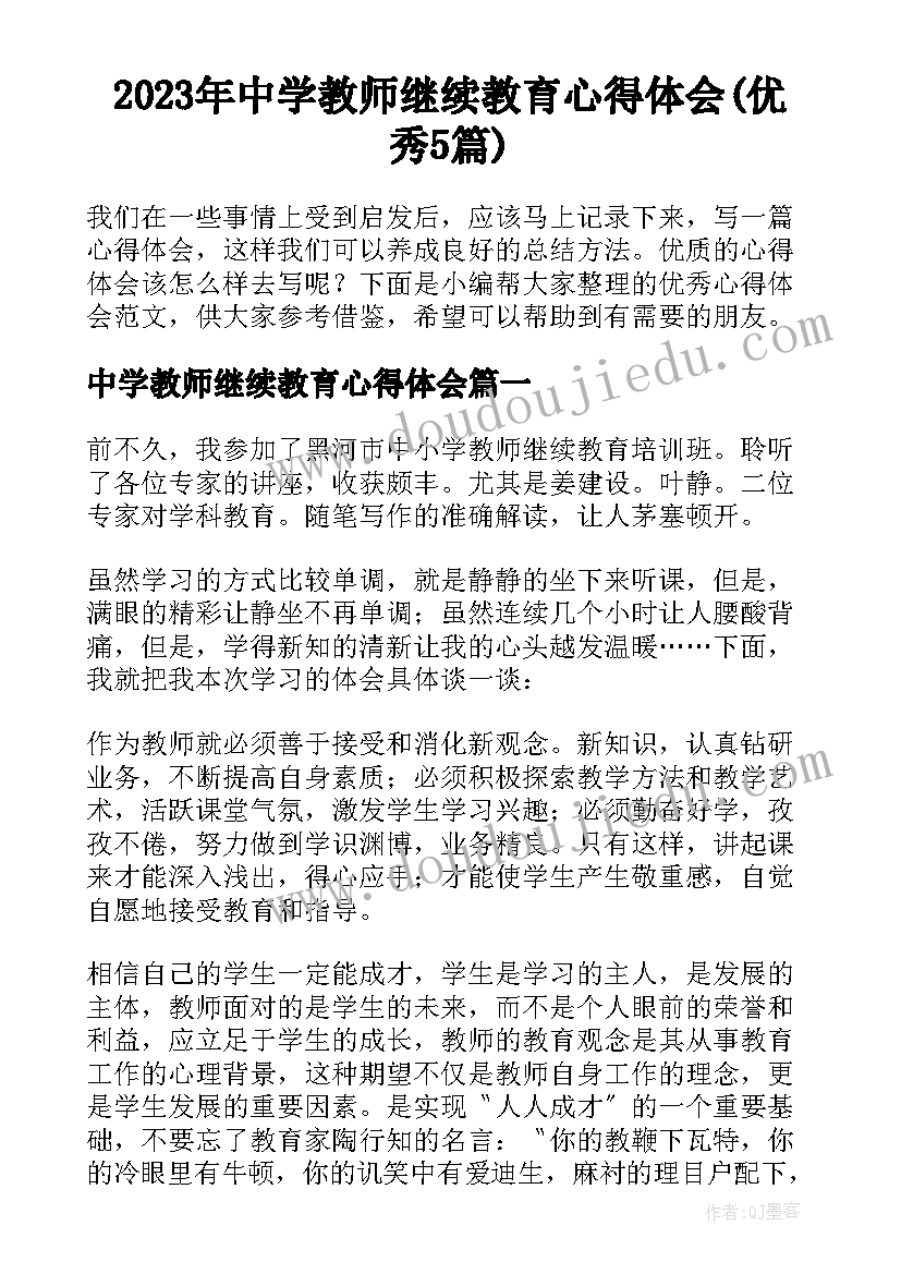 2023年中学教师继续教育心得体会(优秀5篇)