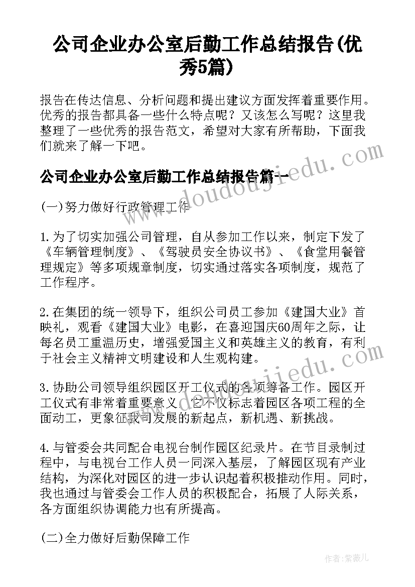 公司企业办公室后勤工作总结报告(优秀5篇)