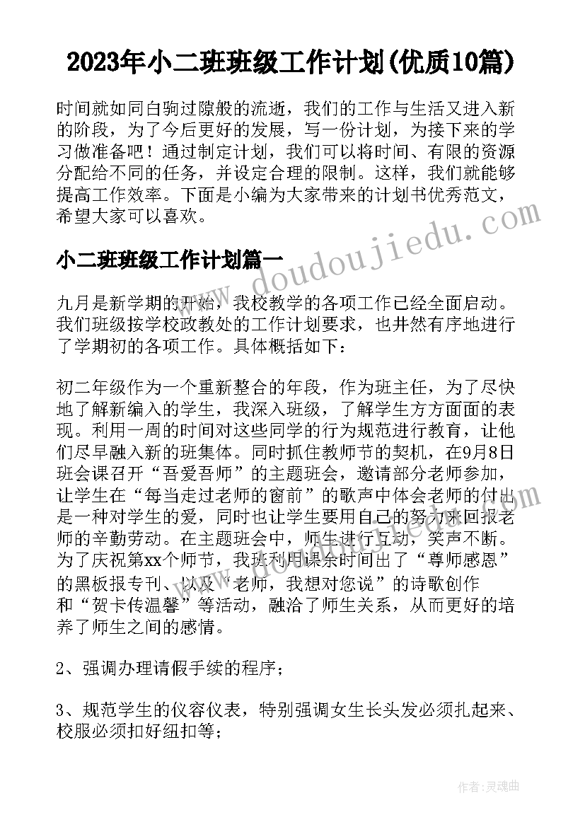 2023年小二班班级工作计划(优质10篇)