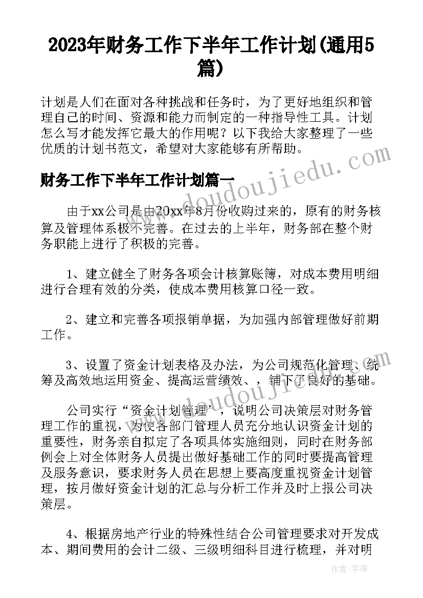 2023年财务工作下半年工作计划(通用5篇)