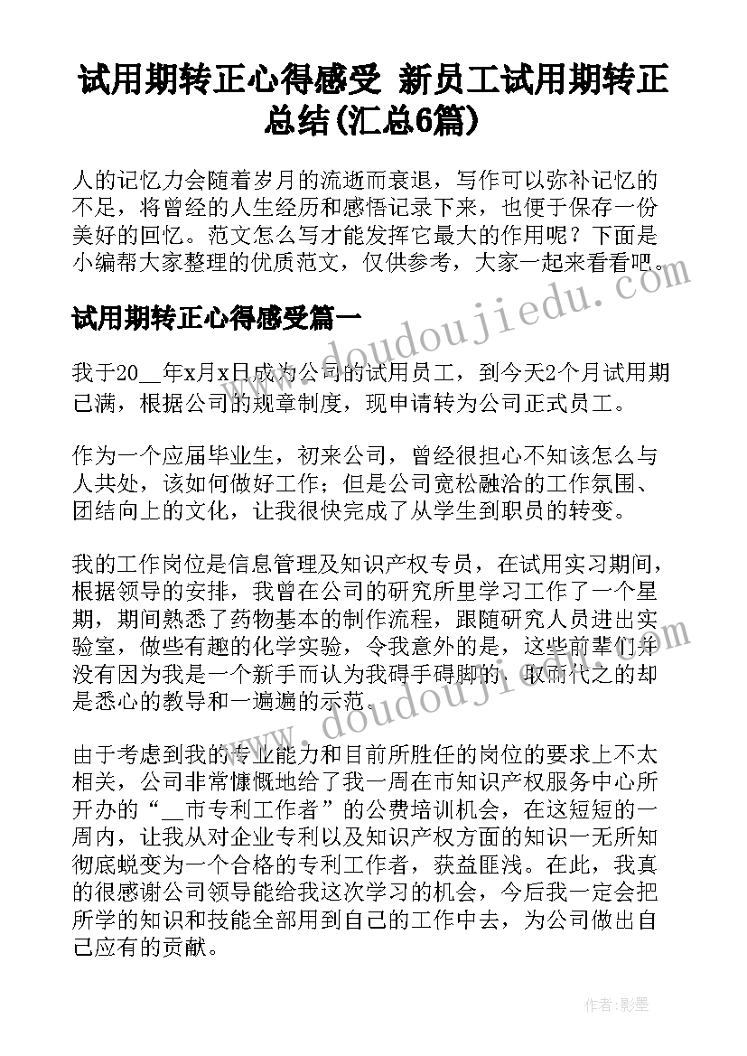 试用期转正心得感受 新员工试用期转正总结(汇总6篇)