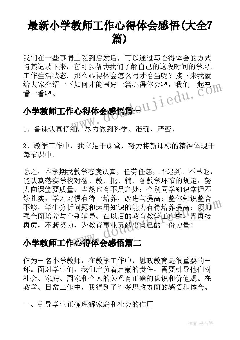 最新小学教师工作心得体会感悟(大全7篇)