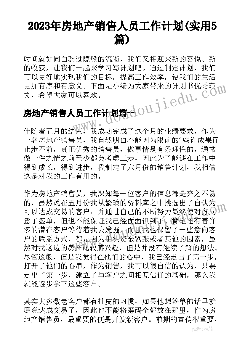 2023年房地产销售人员工作计划(实用5篇)