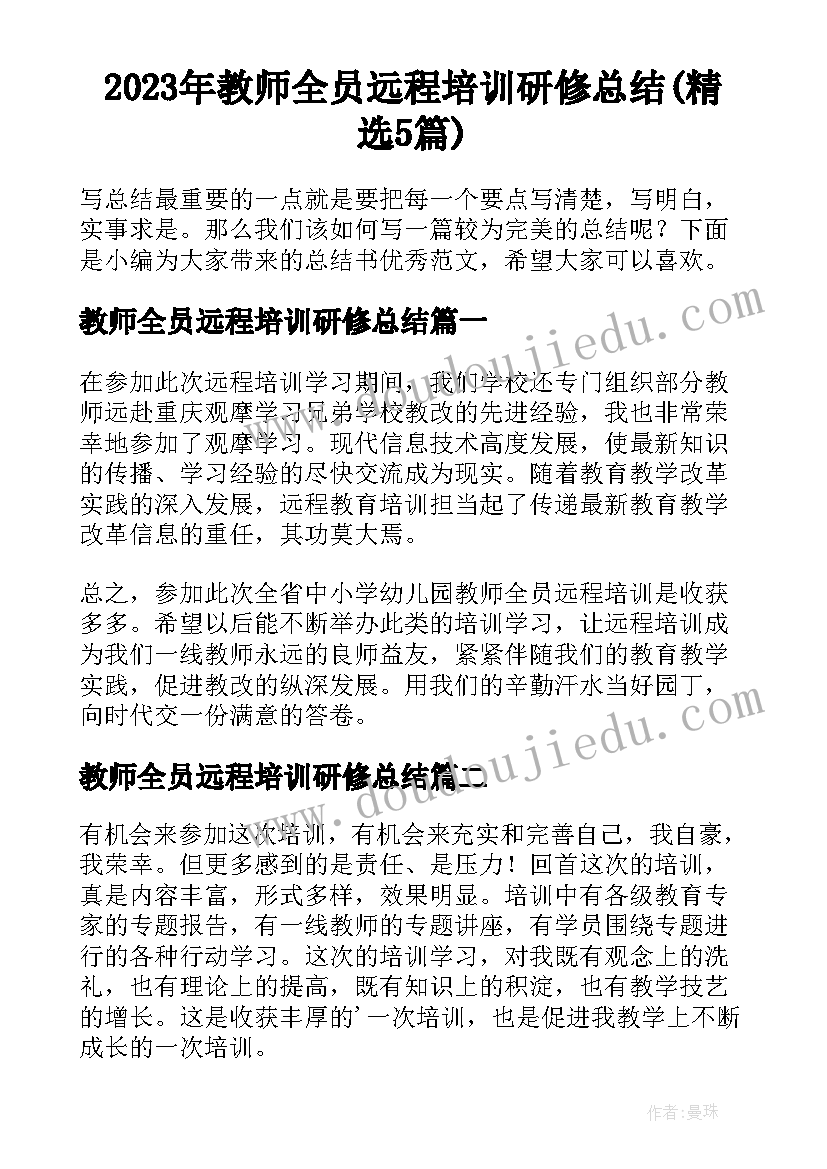 2023年教师全员远程培训研修总结(精选5篇)