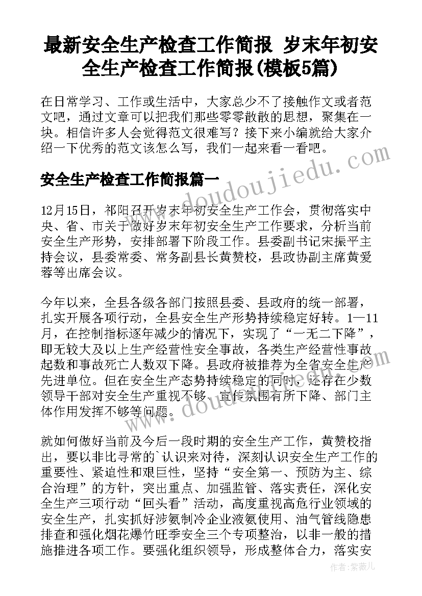 最新安全生产检查工作简报 岁末年初安全生产检查工作简报(模板5篇)