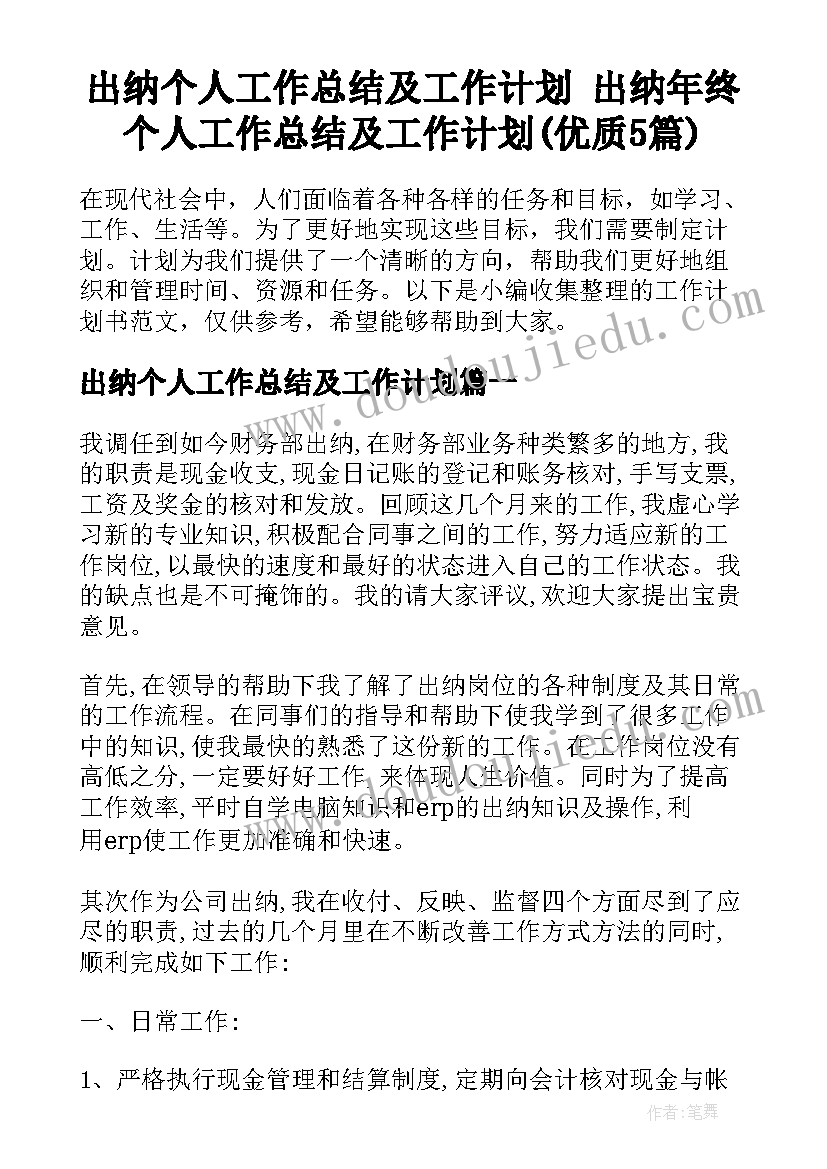 出纳个人工作总结及工作计划 出纳年终个人工作总结及工作计划(优质5篇)