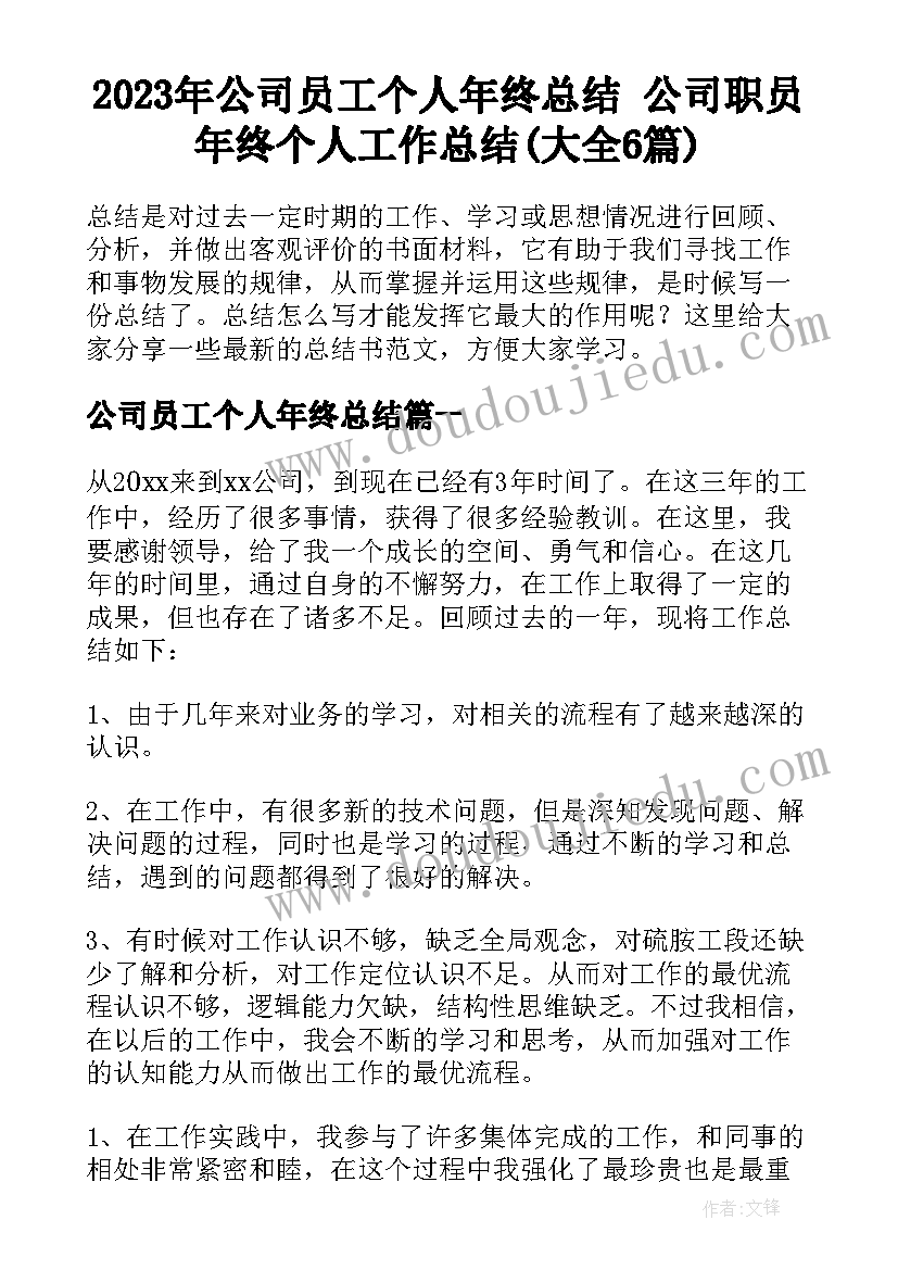 2023年公司员工个人年终总结 公司职员年终个人工作总结(大全6篇)