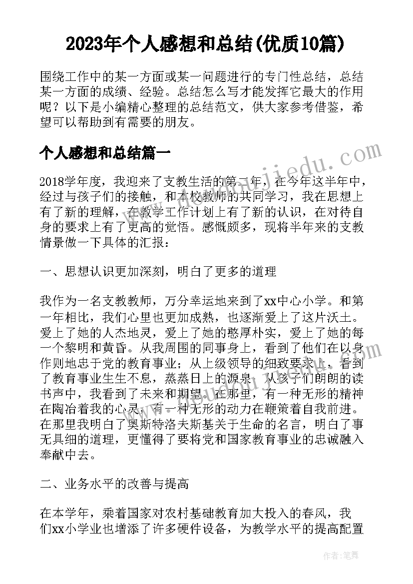 2023年个人感想和总结(优质10篇)