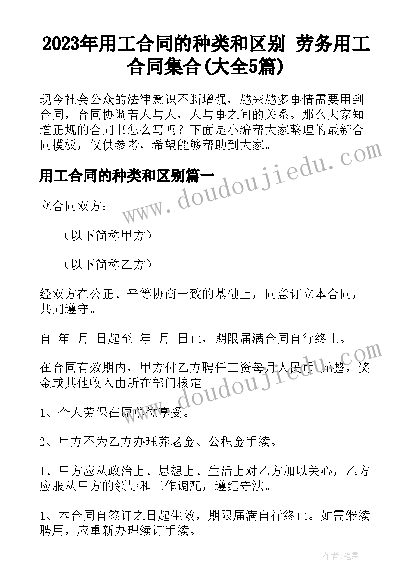 2023年用工合同的种类和区别 劳务用工合同集合(大全5篇)