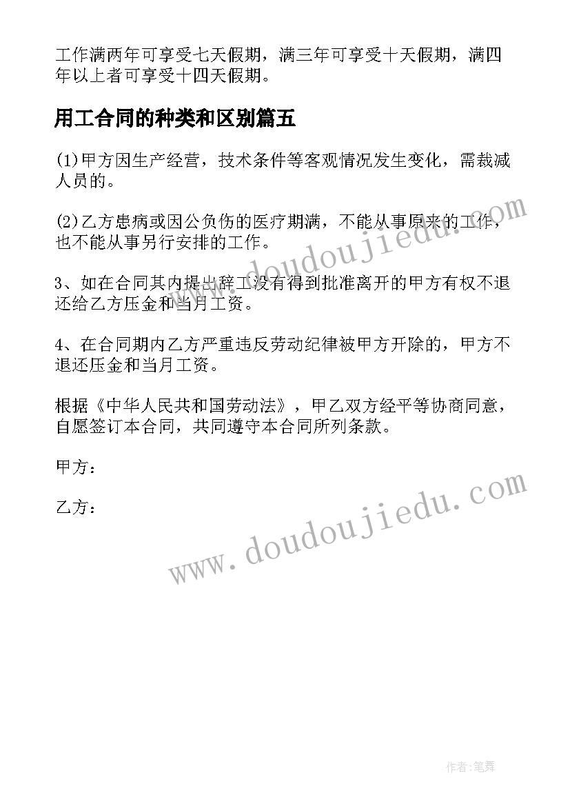 2023年用工合同的种类和区别 劳务用工合同集合(大全5篇)