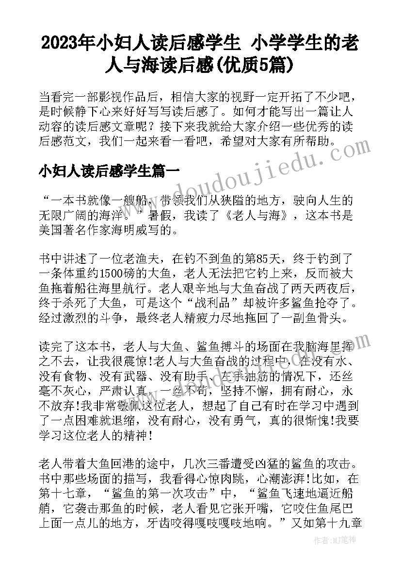 2023年小妇人读后感学生 小学学生的老人与海读后感(优质5篇)