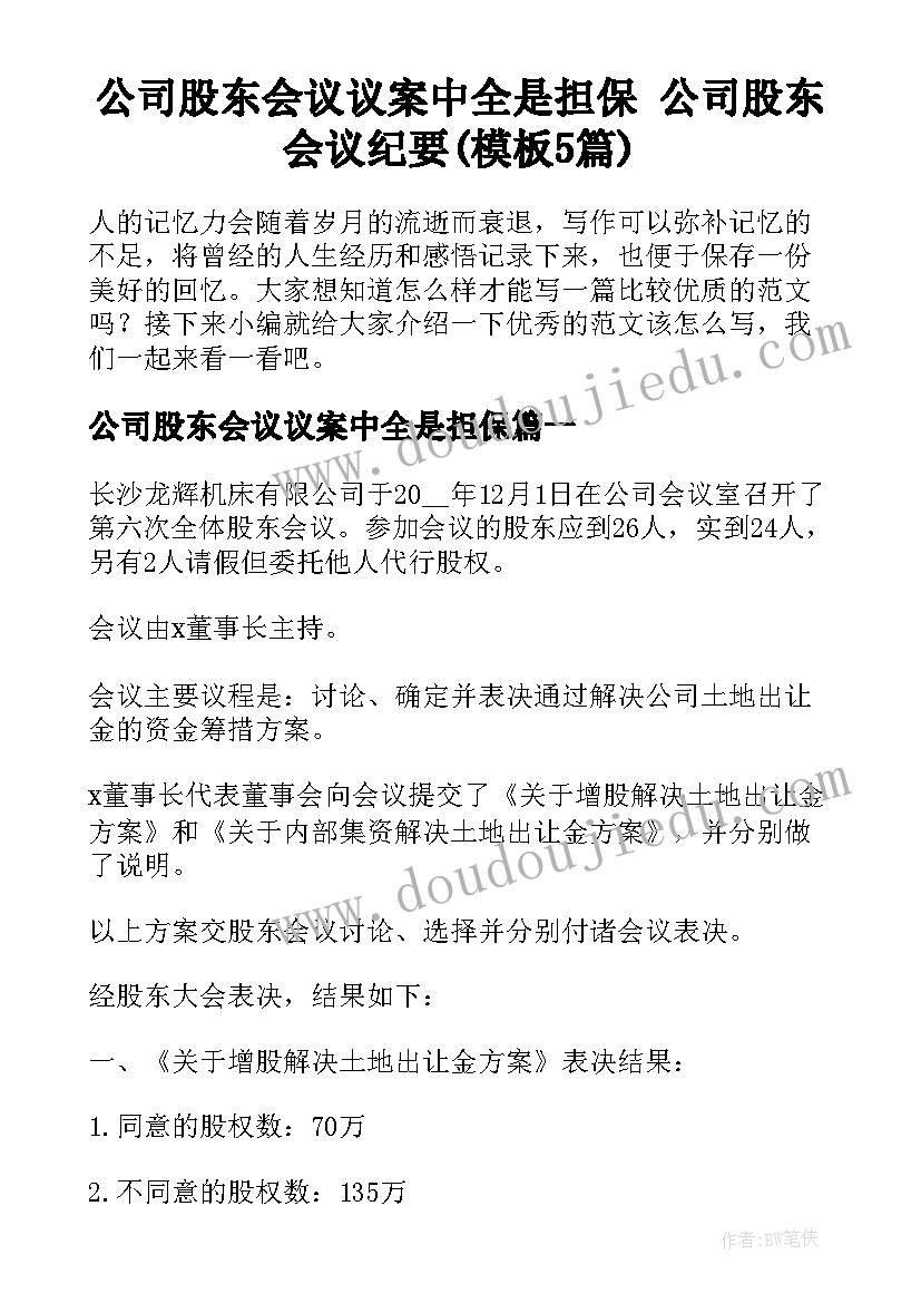 公司股东会议议案中全是担保 公司股东会议纪要(模板5篇)