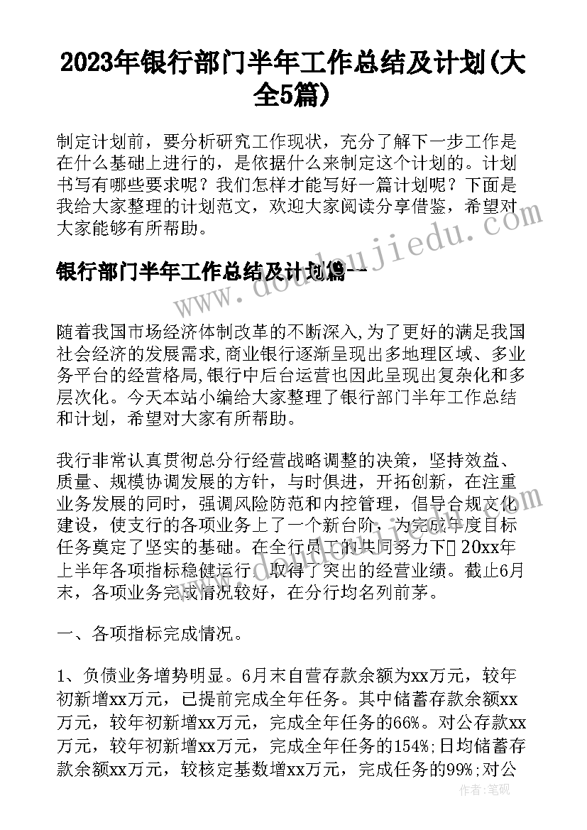 2023年银行部门半年工作总结及计划(大全5篇)