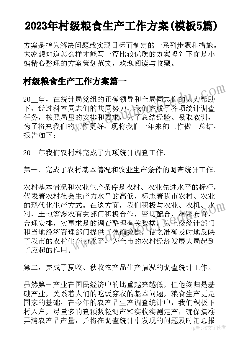 2023年村级粮食生产工作方案(模板5篇)