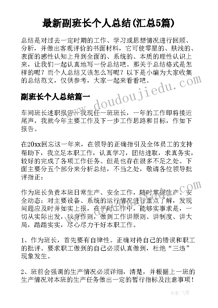 最新副班长个人总结(汇总5篇)