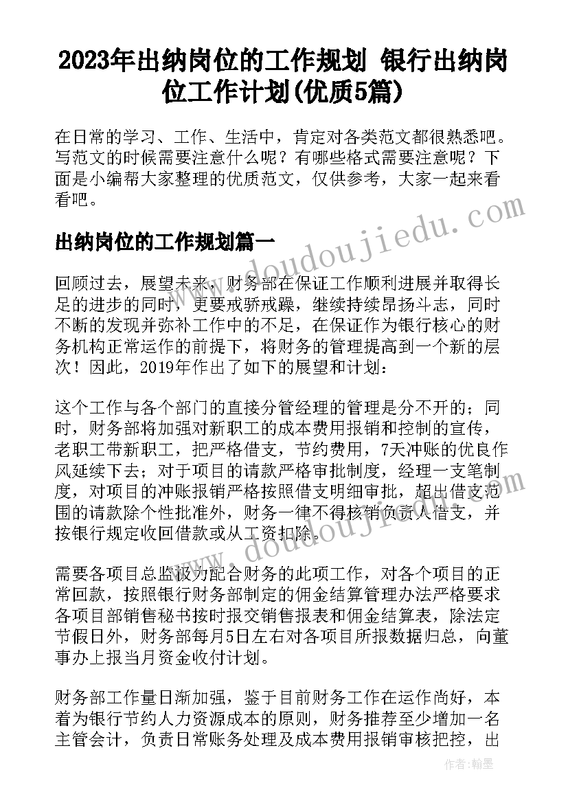 2023年出纳岗位的工作规划 银行出纳岗位工作计划(优质5篇)