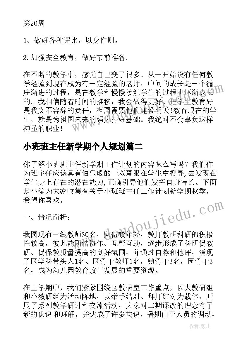 2023年小班班主任新学期个人规划(汇总6篇)