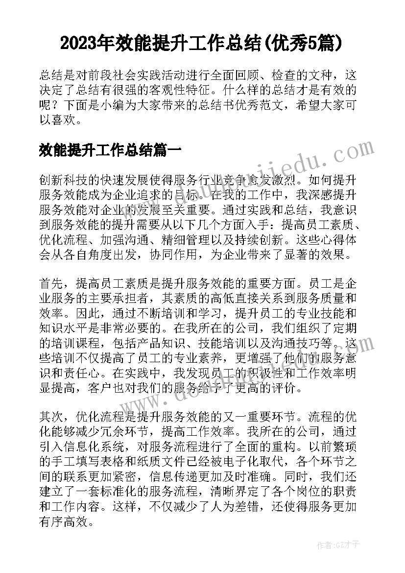 2023年效能提升工作总结(优秀5篇)