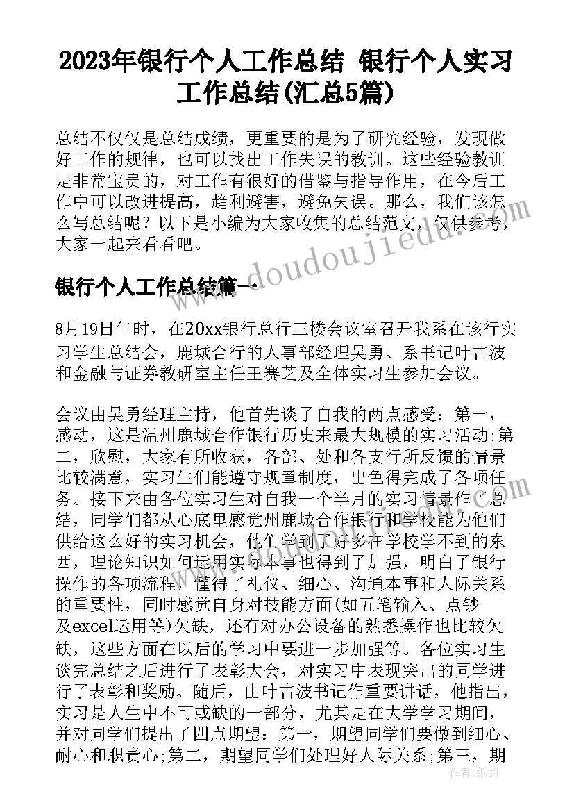 2023年银行个人工作总结 银行个人实习工作总结(汇总5篇)