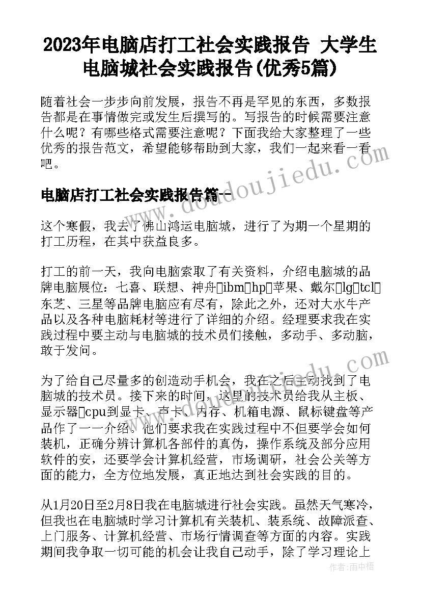 2023年电脑店打工社会实践报告 大学生电脑城社会实践报告(优秀5篇)