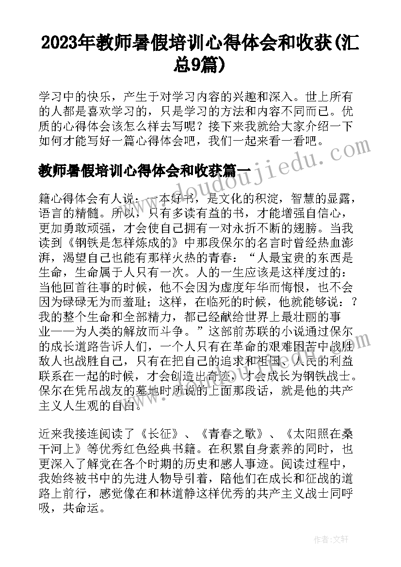 2023年教师暑假培训心得体会和收获(汇总9篇)