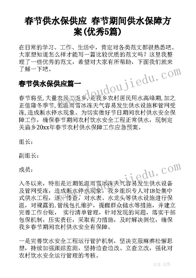 春节供水保供应 春节期间供水保障方案(优秀5篇)