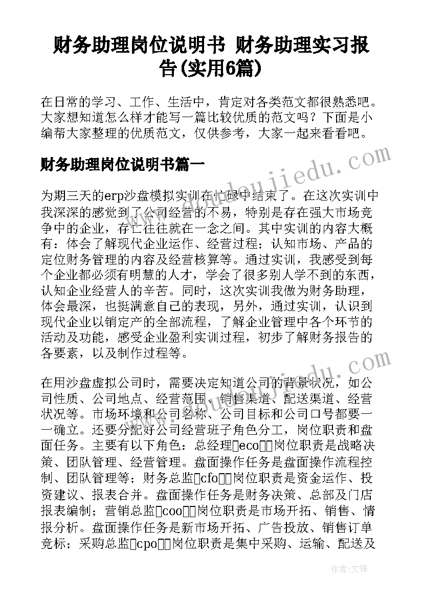 财务助理岗位说明书 财务助理实习报告(实用6篇)