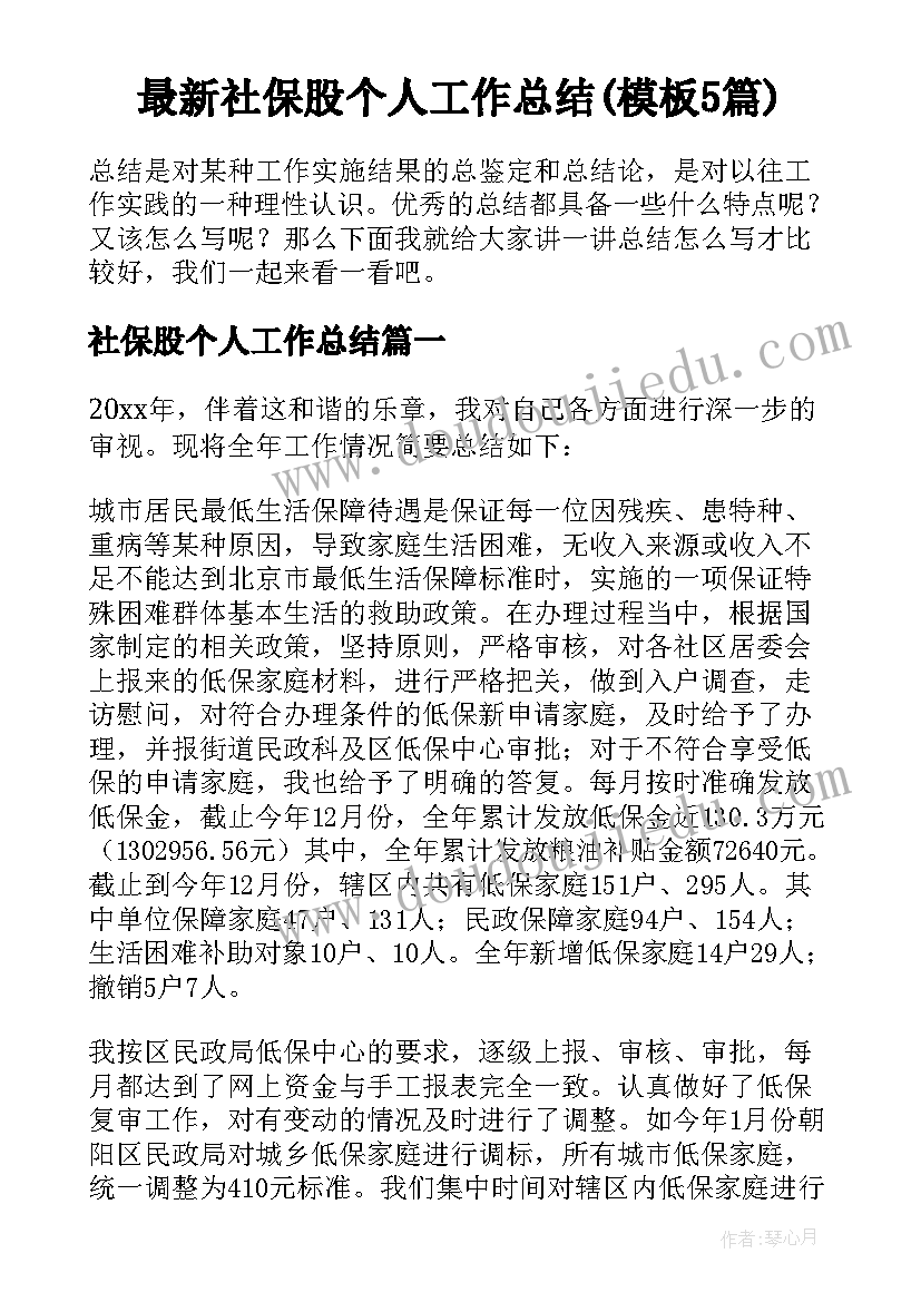 最新社保股个人工作总结(模板5篇)