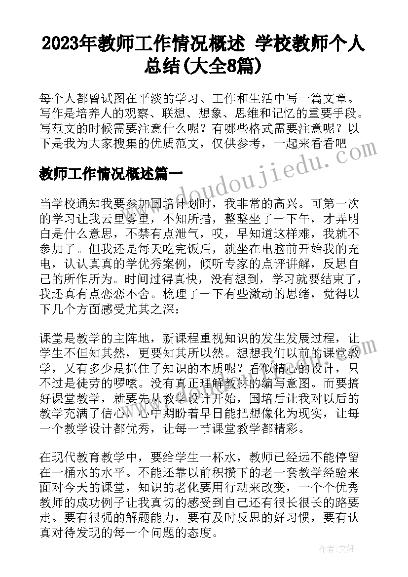 2023年教师工作情况概述 学校教师个人总结(大全8篇)