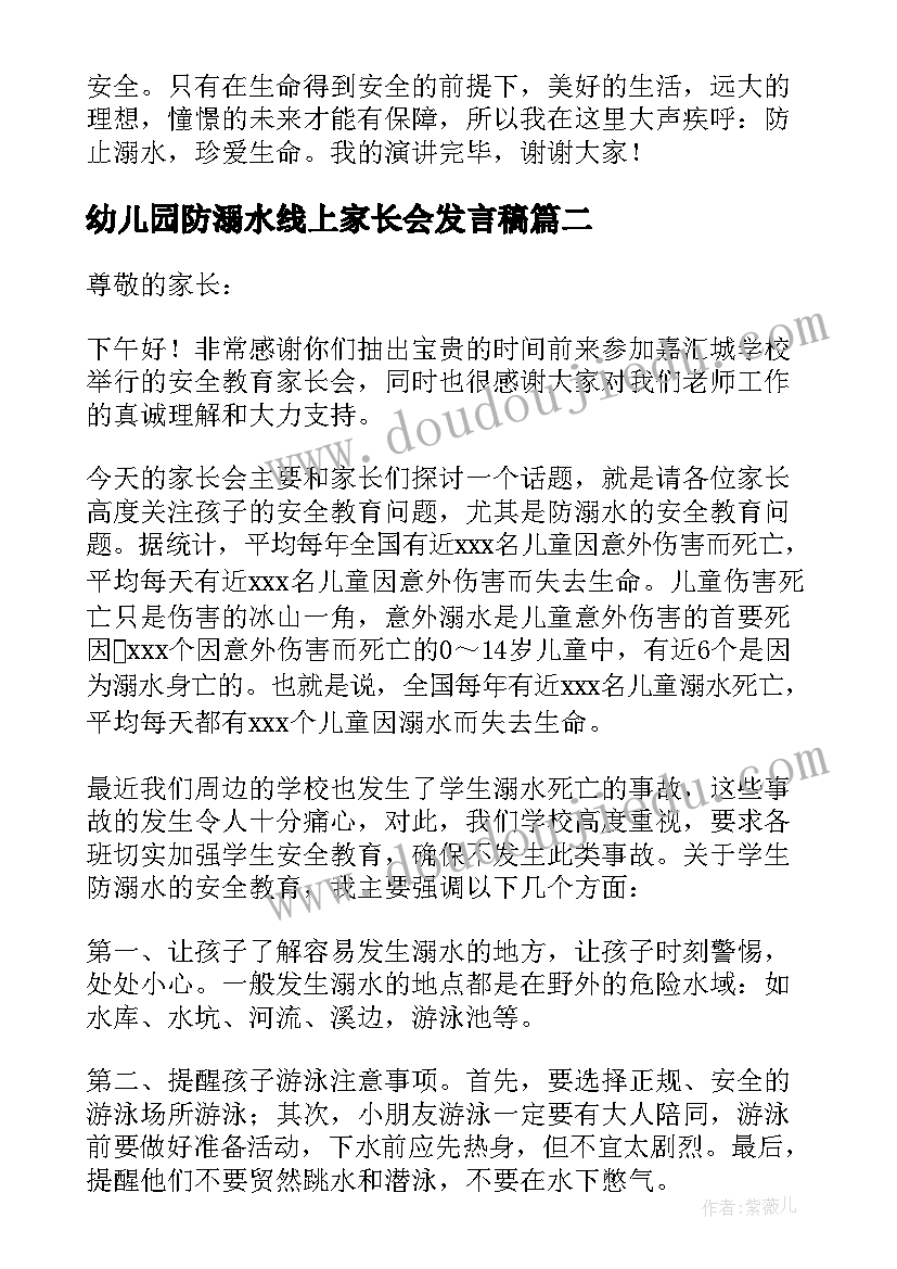 最新幼儿园防溺水线上家长会发言稿(通用5篇)