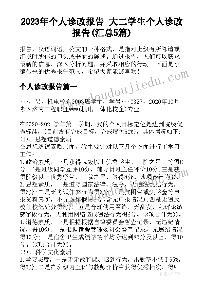 2023年个人诊改报告 大二学生个人诊改报告(汇总5篇)