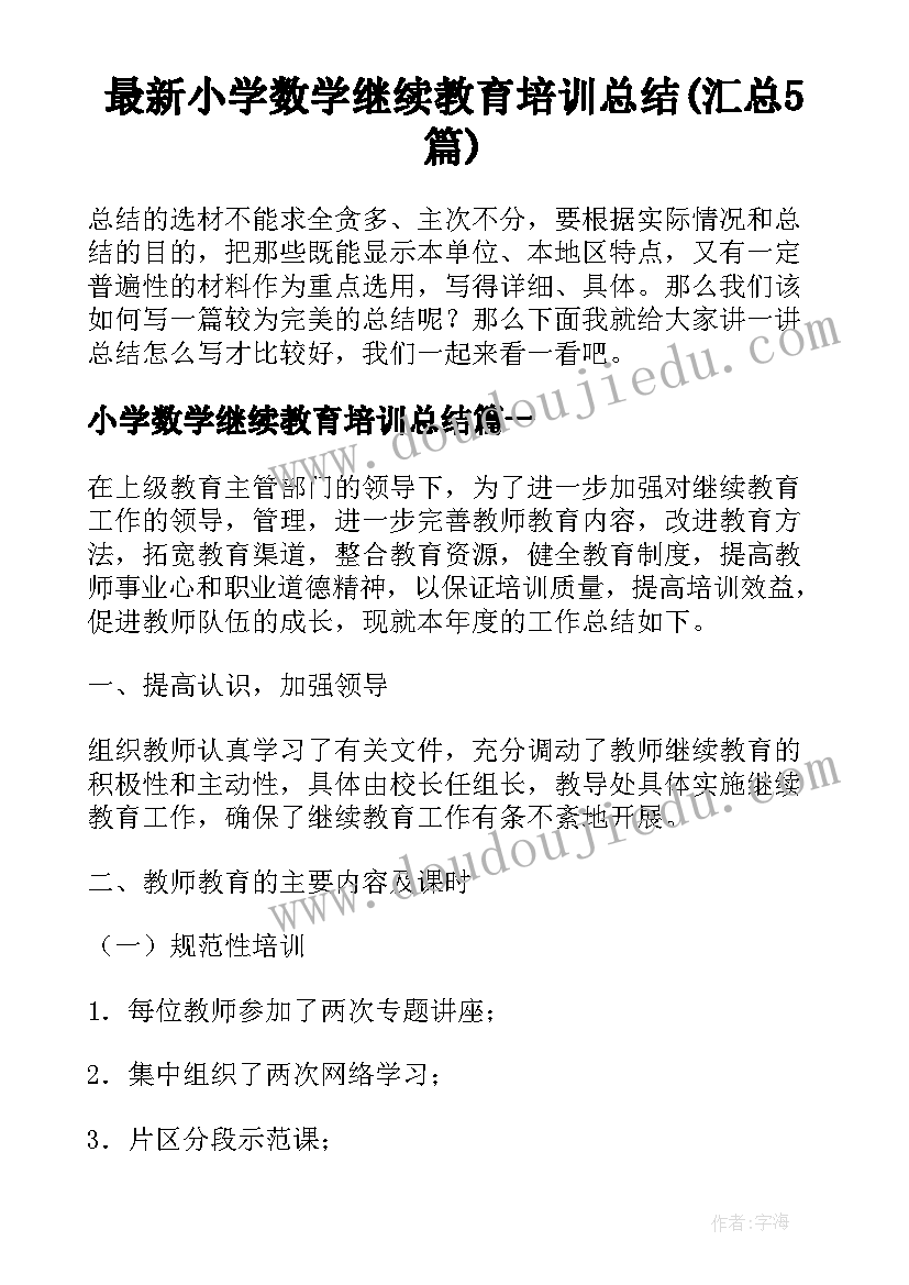 最新小学数学继续教育培训总结(汇总5篇)