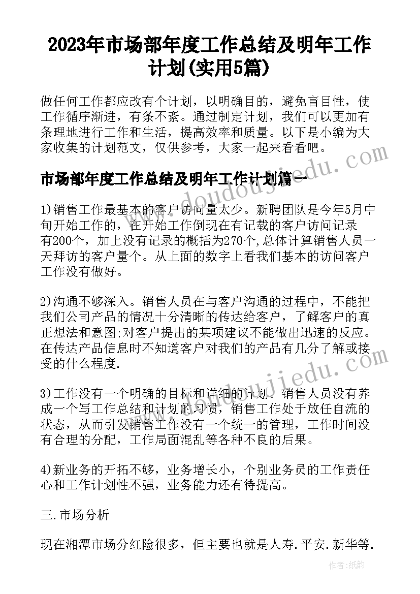 2023年市场部年度工作总结及明年工作计划(实用5篇)