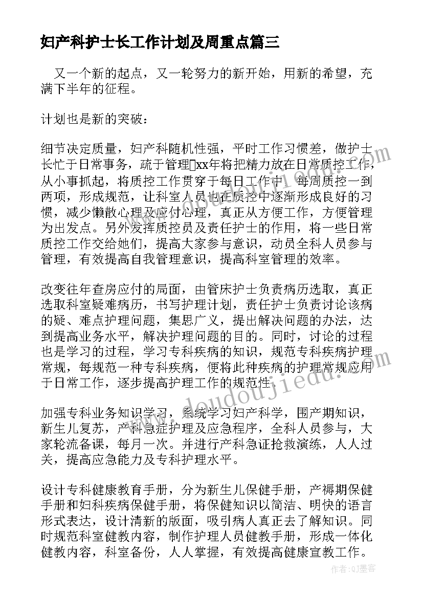 妇产科护士长工作计划及周重点(精选5篇)