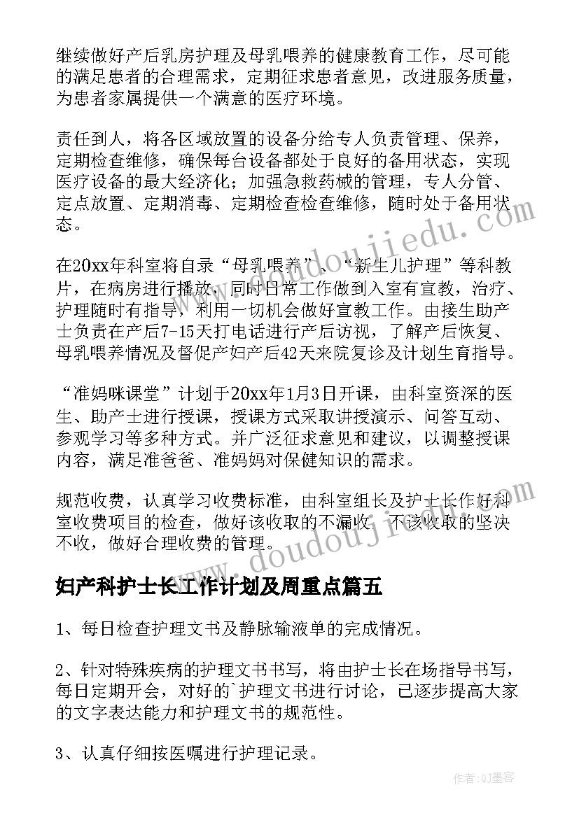 妇产科护士长工作计划及周重点(精选5篇)