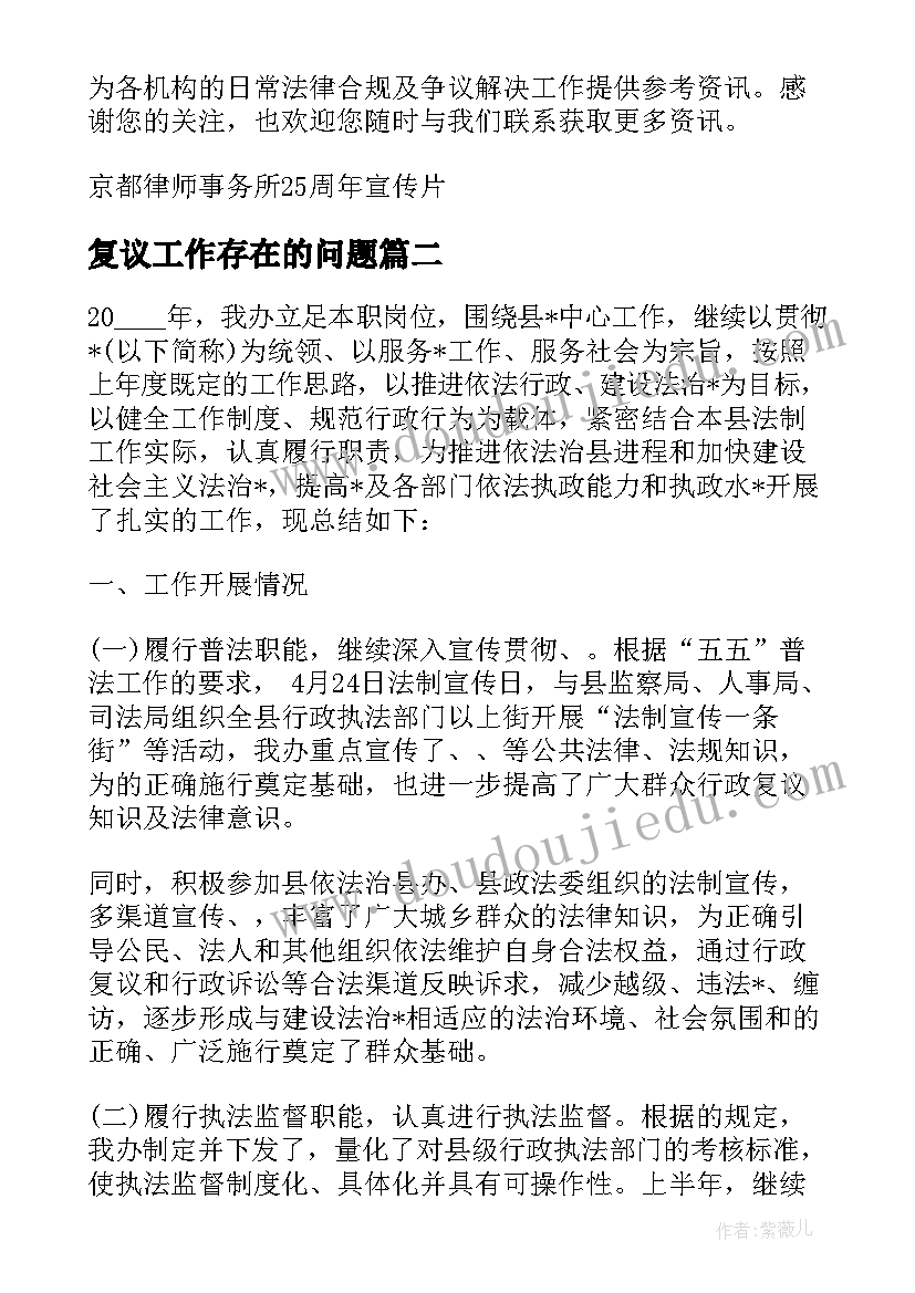 2023年复议工作存在的问题 执行异议复议处工作计划实用(汇总5篇)