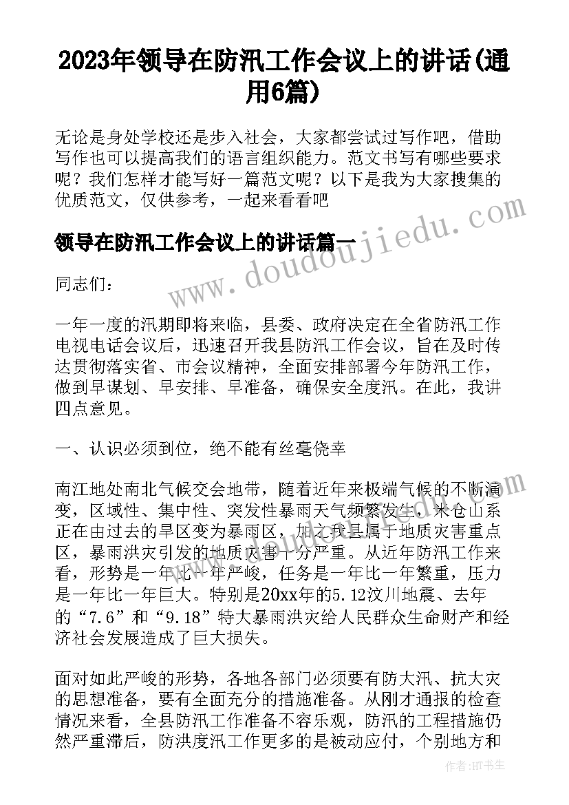 2023年领导在防汛工作会议上的讲话(通用6篇)